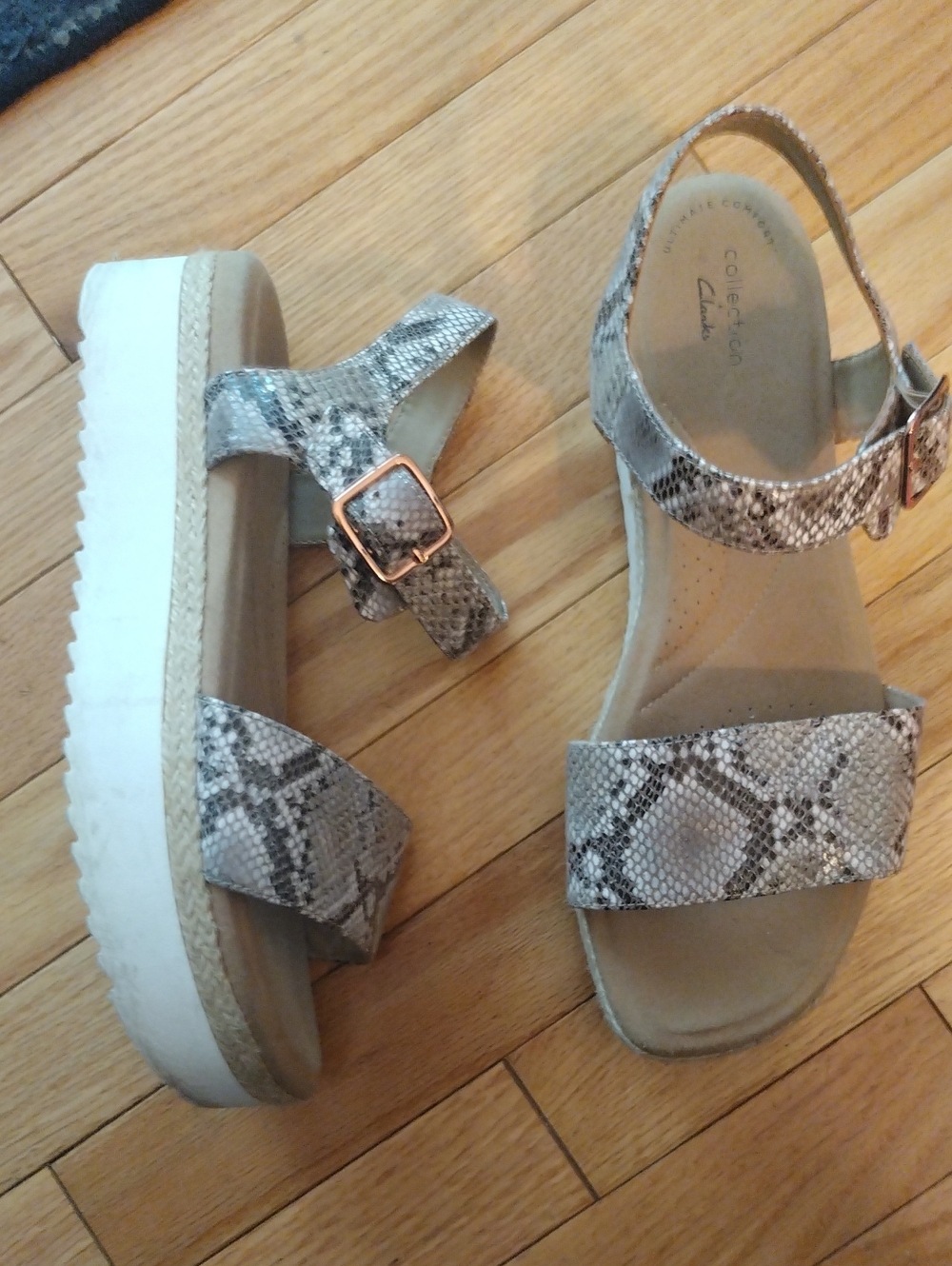 Clarks Snake-Print Platform Slingback Sandals in Taupe and White